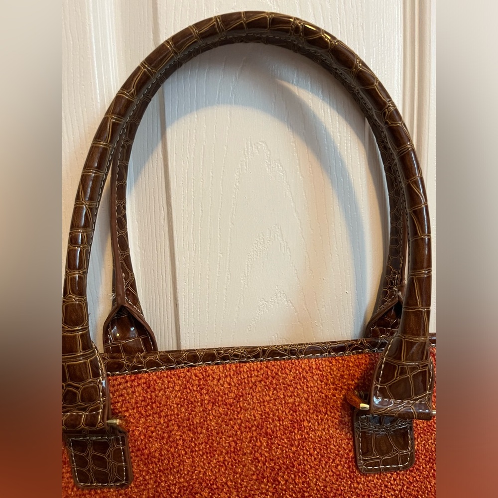 Samantha Brown Croco-Embossed Dowel Bag/Carry On - Orange W/ Brown Trim Pockets - Picture 3 of 14